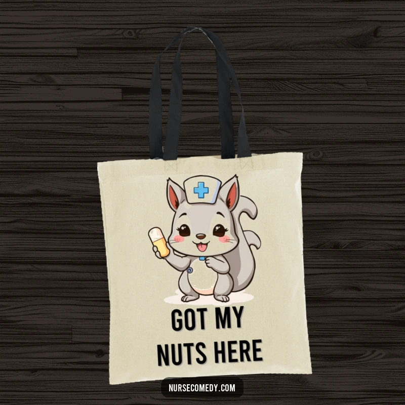 Funny Squirrel Nurse Tote Bag: cheerful squirrel offering a pill, a practical and funny gift.