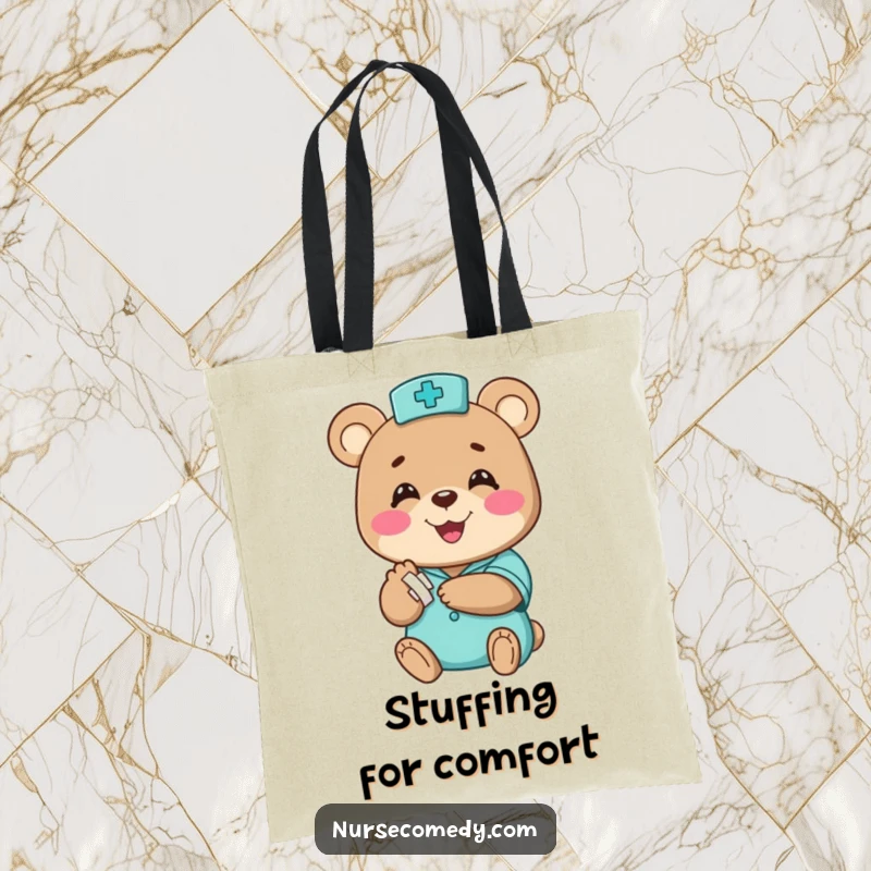 Funny bear nurse tote bag, a happy character comically bandaging a small paw with a big smile, handy funny gift.